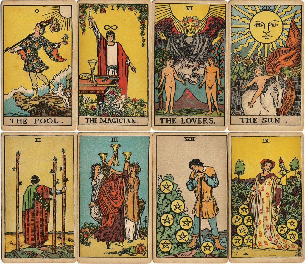 8 Tarot Cards. The Fool, The Magician, The Lovers, The Sun, 3 of Wands, 3 of Cups, 7 of Pentacles, 9 of Pentacles.